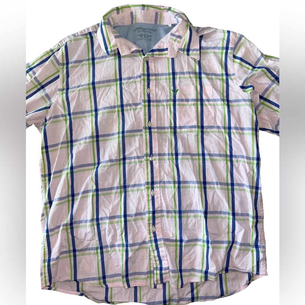 American Eagle Outfitters Light Pink Shirt with Blue and Green Plaid